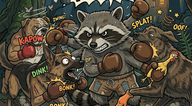 Raccoon and three dogs boxing in a forest at night