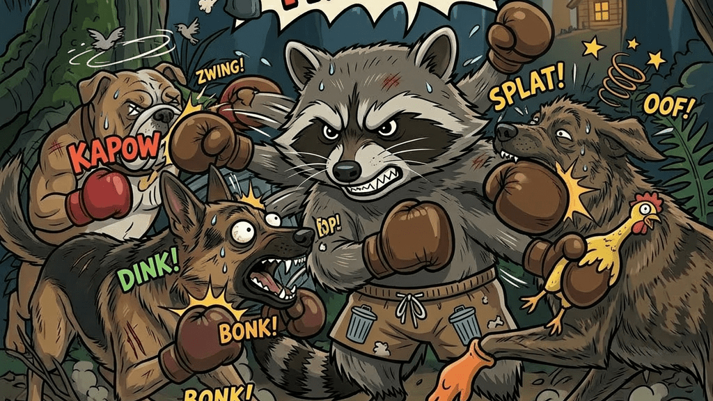 Raccoon and three dogs boxing in a forest at night
