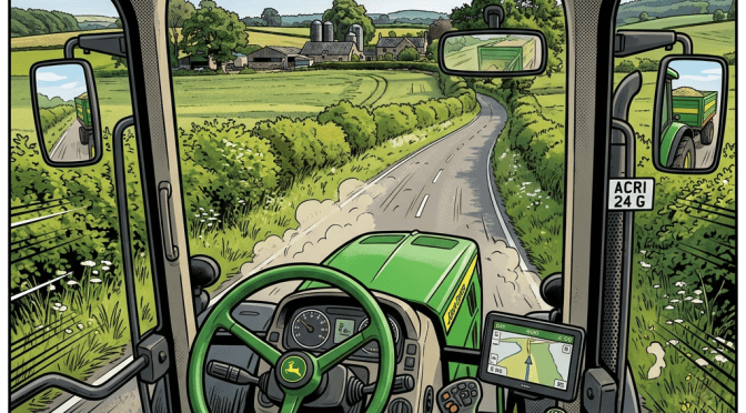 Green tractor pulling a trailer along a winding rural road