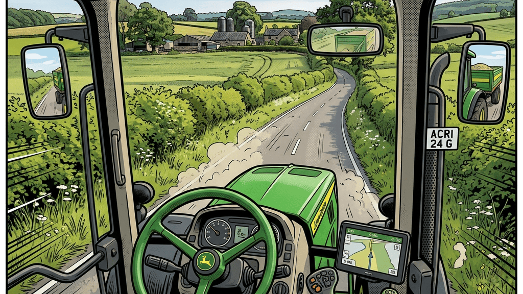 Green tractor pulling a trailer along a winding rural road